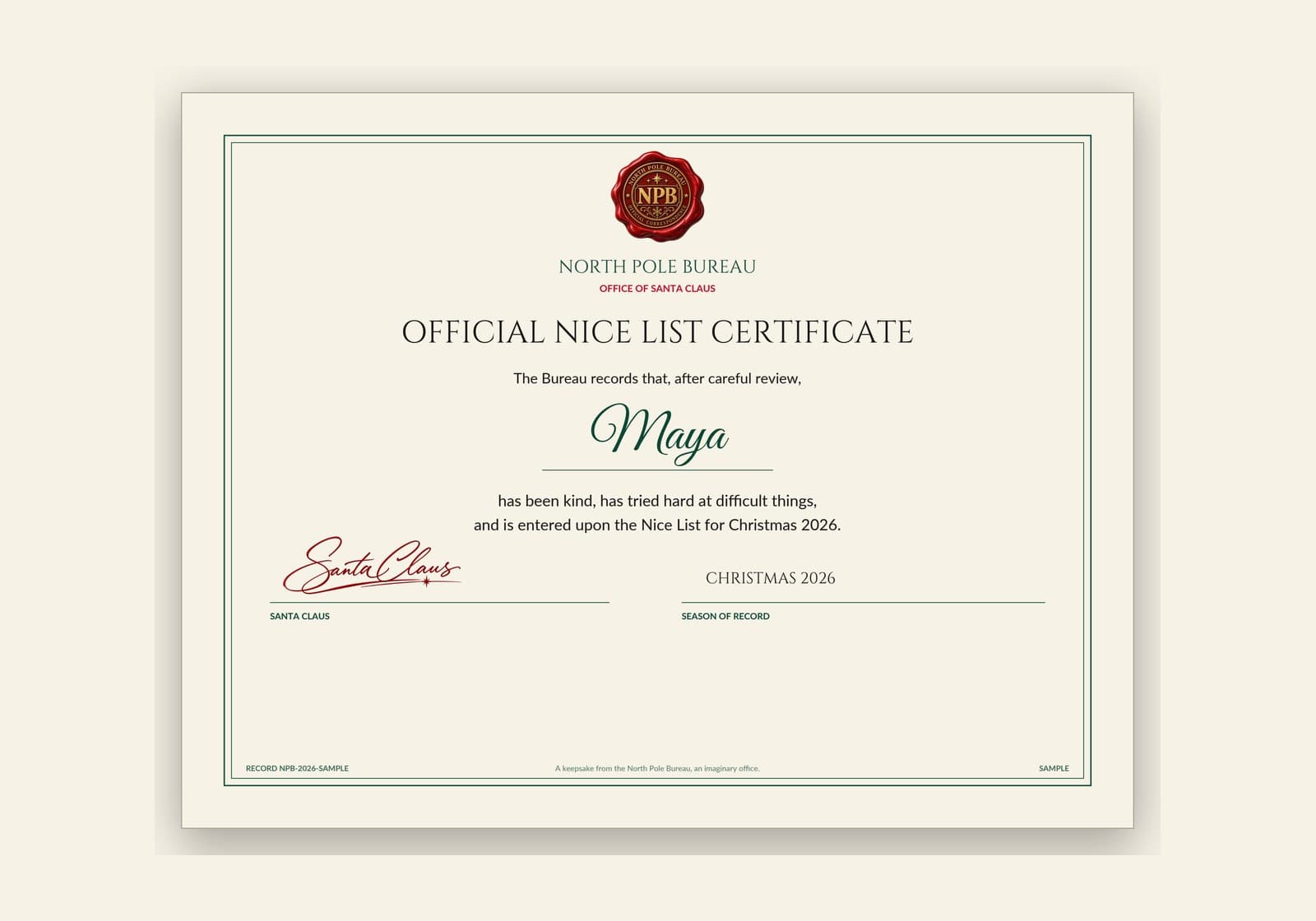 The Nice List certificate as it prints: the child's name, Santa's signature and the Bureau seal