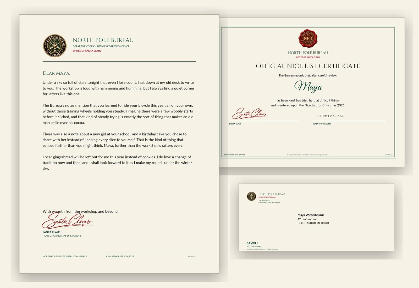What arrives in the Deluxe edition: the letter, the Nice List certificate and the addressed envelope