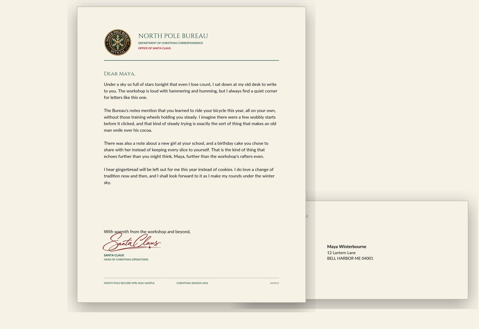 What arrives in the printed edition: the letter on cream stationery and its addressed envelope