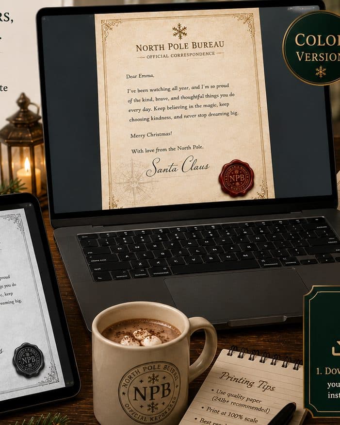 A Santa letter on a laptop screen beside a printed copy and a mug of cocoa