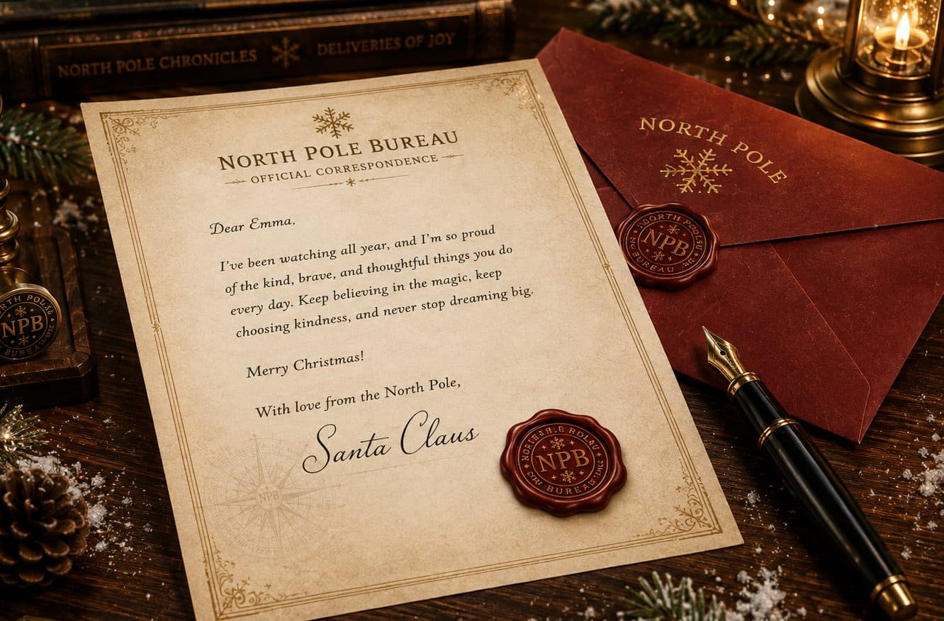 An illustration of a Santa letter and its envelope on a winter desk