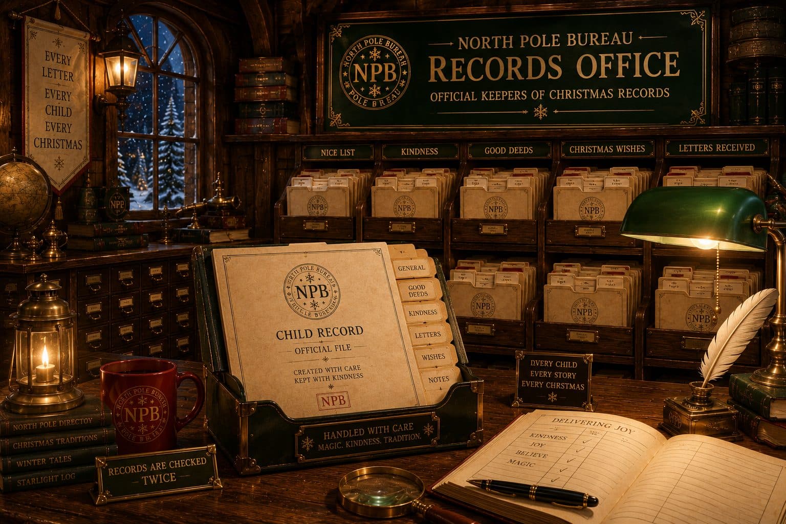 The Bureau's records office, with card drawers labeled Nice List, Kindness and Good Deeds