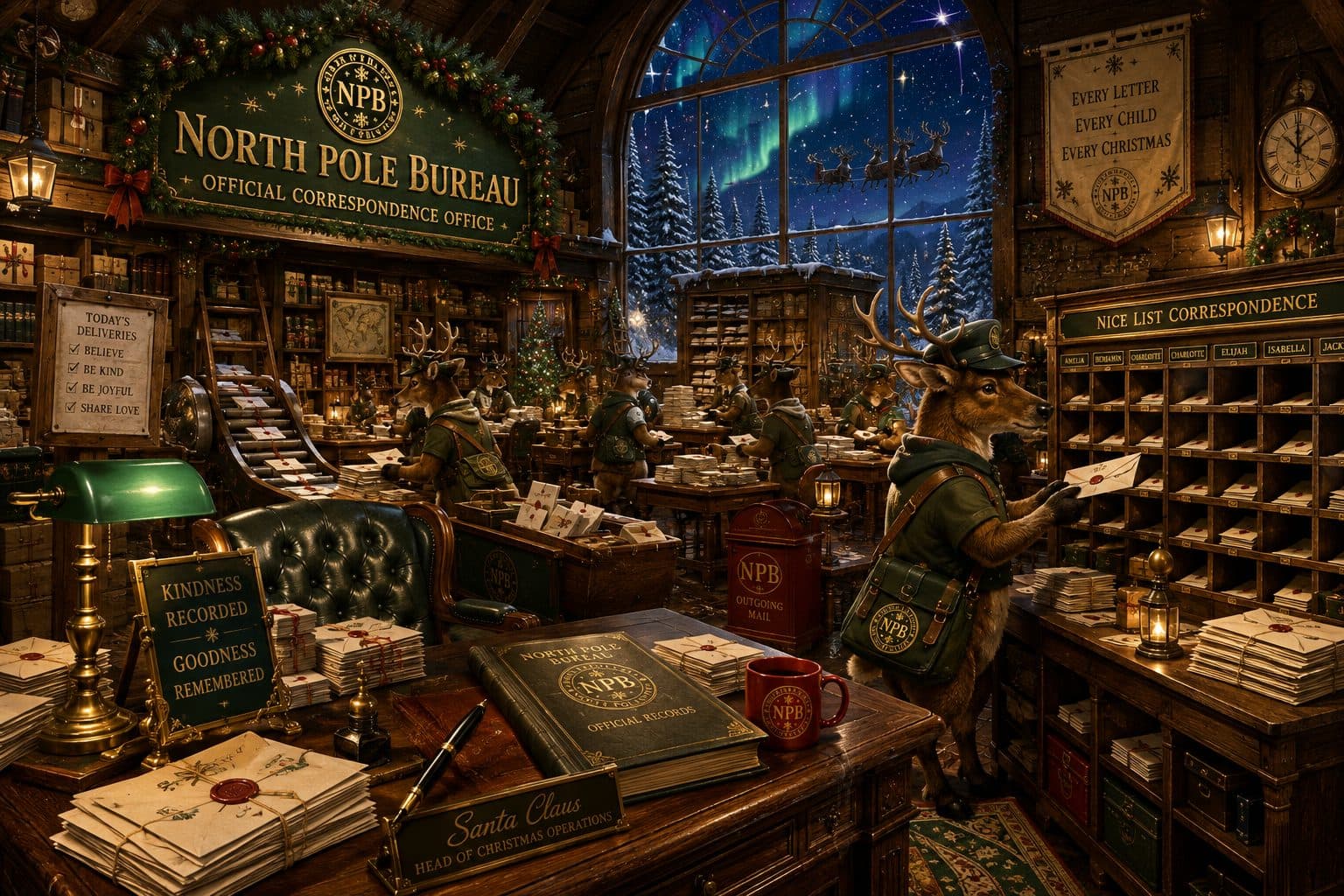 A desk at the North Pole Bureau with a letter, a red envelope and a green lamp