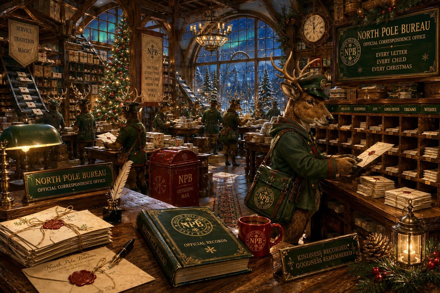 A writing desk at the North Pole Bureau with a letter, a red envelope and a lamp